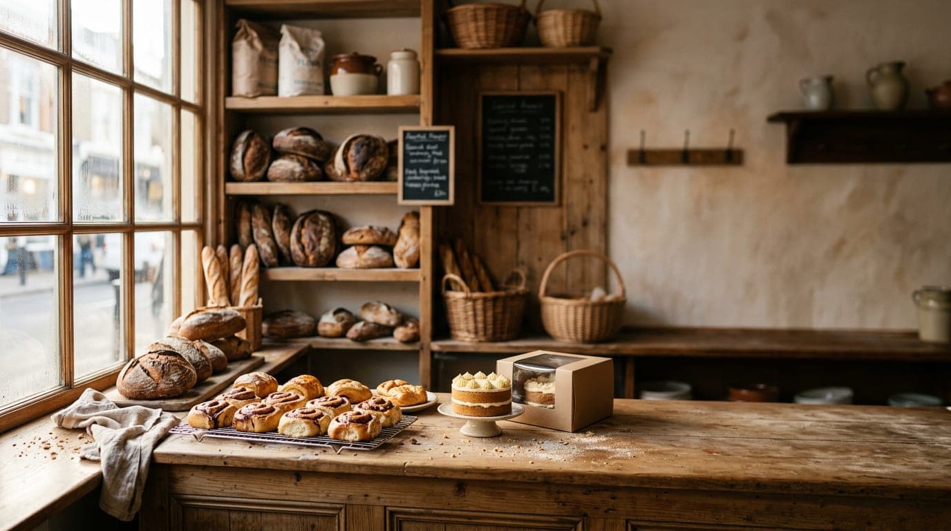 Interior of a neighborhood bakery with loaves of bread and pastries visible in cases, warm natural morning light, empty right third of frame.